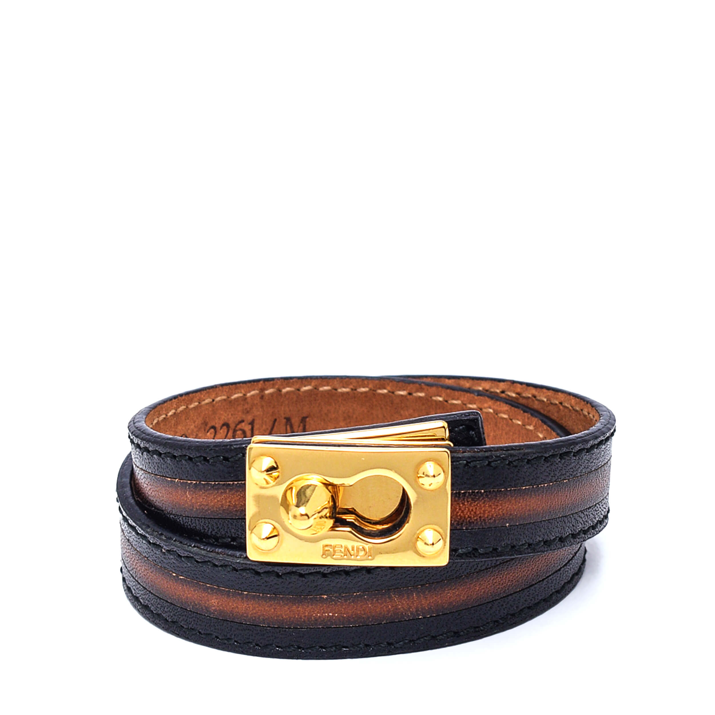 Fendi - Black&Brown Leather Gold Tone Double Tour Bracelet / G230